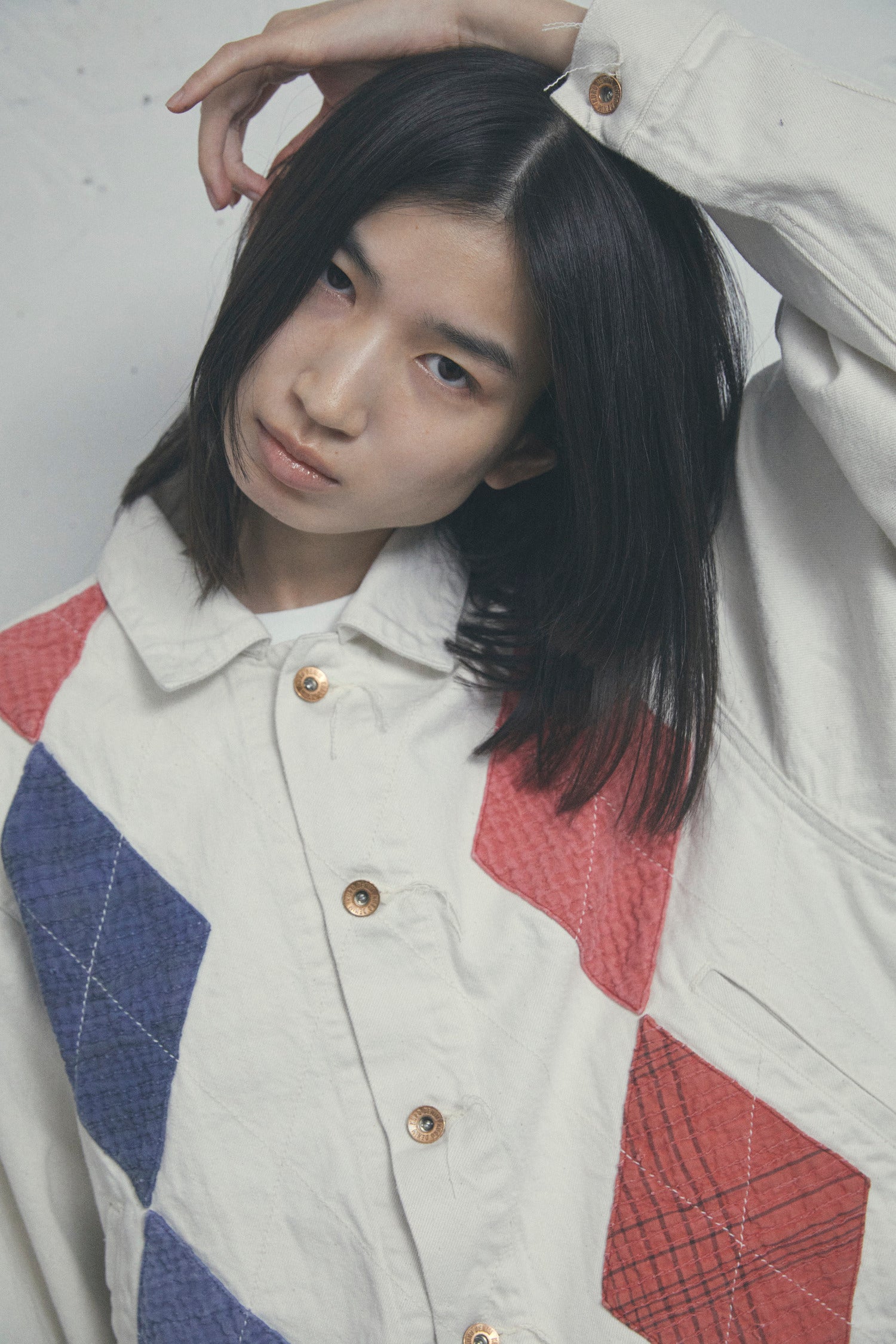 ARGYLE SASHIKO DENIM JACKET OFF WHITE